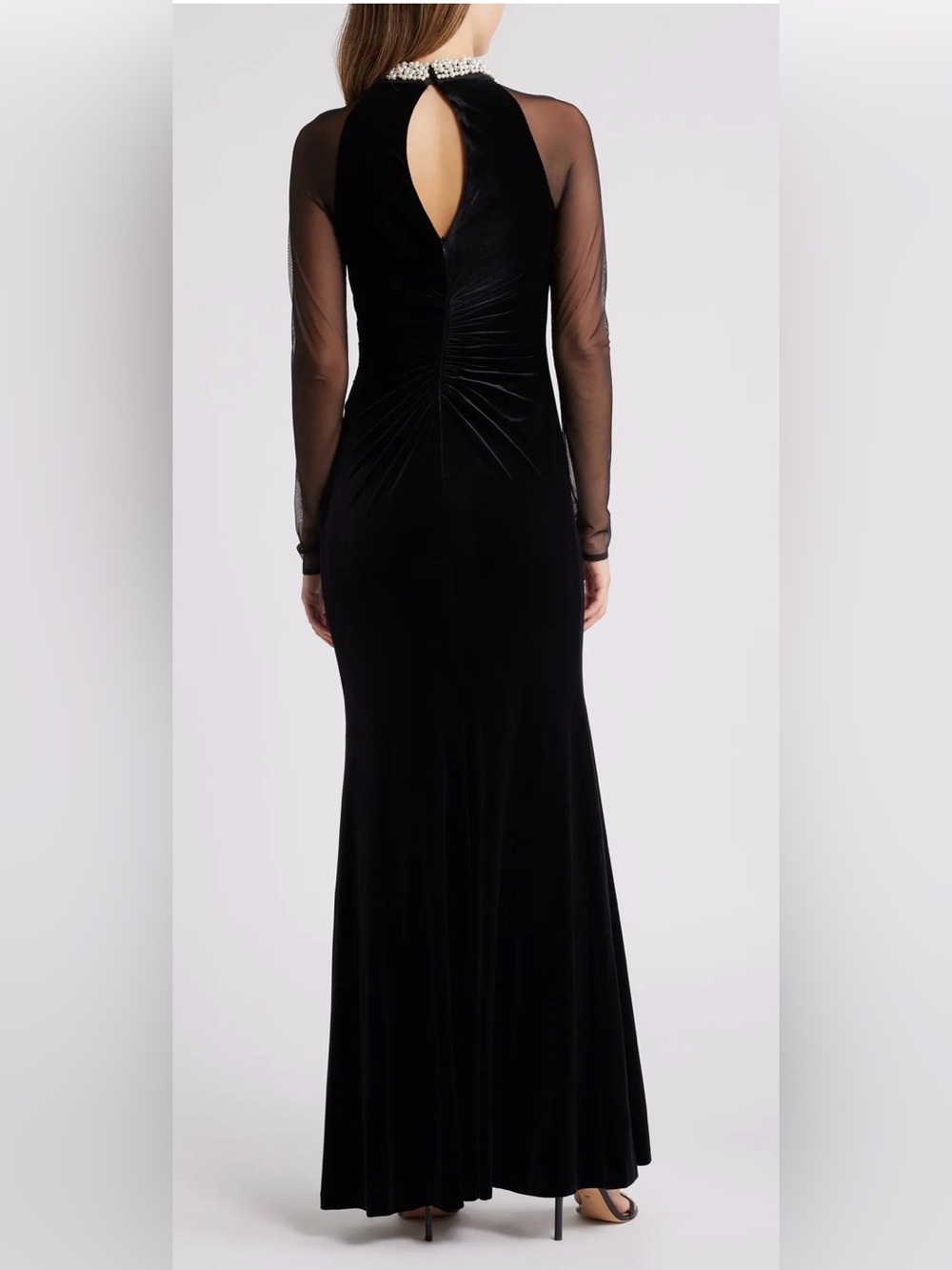 Eliza J Black Velvet Long Sleeve Evening Gown with Mesh Sleeves sz 10